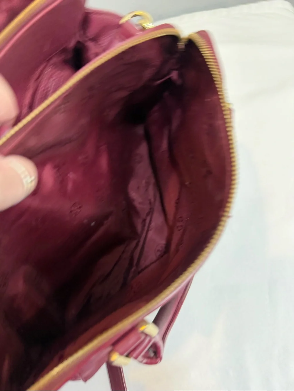 Tory Burch burgundy red Mercer Double Zip Dome Pebbled Leather Satchel/Crossbody